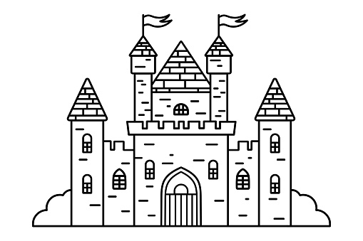 Line art illustration of medieval castle with towers and flags, black and white coloring page, fairy tale architecture concept. High quality