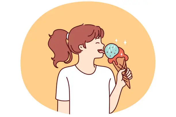 Vector illustration of School-age girl licks large ice cream in waffle cone with fruit or caramel icing