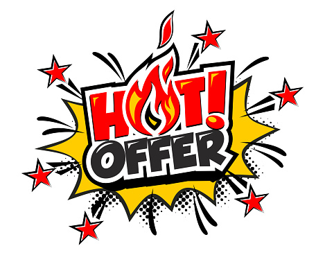 Hot offer promotion sticker in comic style. Special fiery Offer, Hot Sale banner or sticker design template, discount tag, best seller. Vector on transparent background