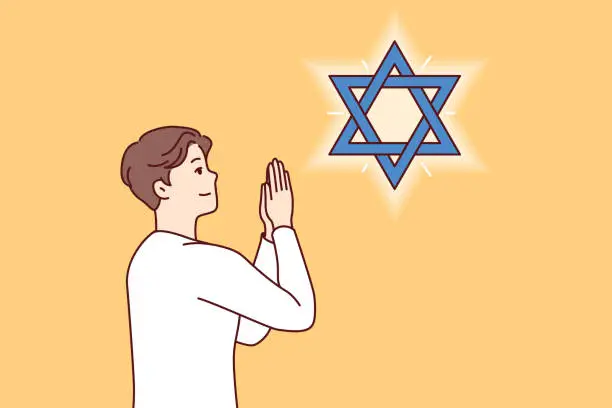 Vector illustration of Jewish man teenager prays, looking at star of David, observing ritual in preparation for shabbat