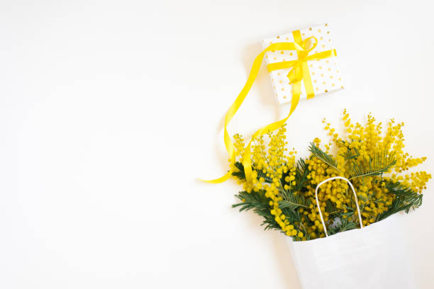 istock Yellow mimosa flowers frame with gift box. Womans day, easter , spring composition. Top view with copy space 2027673898