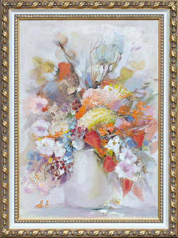 Picture of a bouquet of summer wildflowers in a vase. Oil painting still life in frame. Fine art, painting flowers.