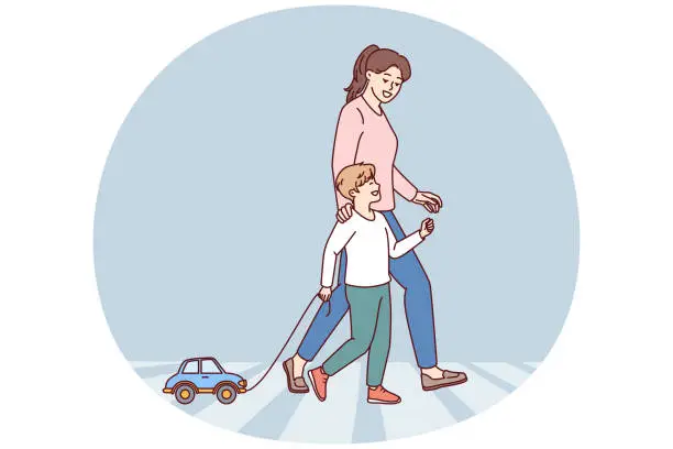 Vector illustration of Happy mom and child going along pedestrian crossing across road walking through summer city