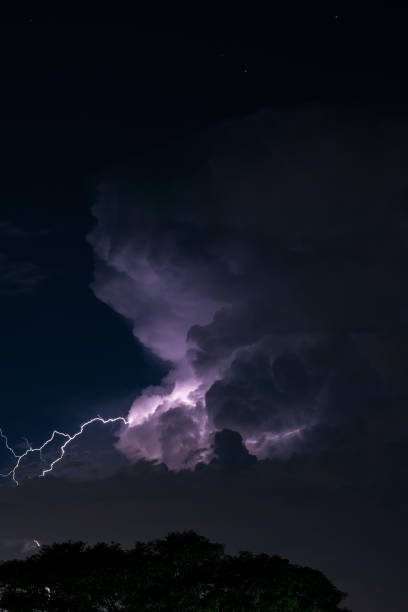istock Beautiful cloud formation over a suburban home area with lightning striking within its self 2027683589