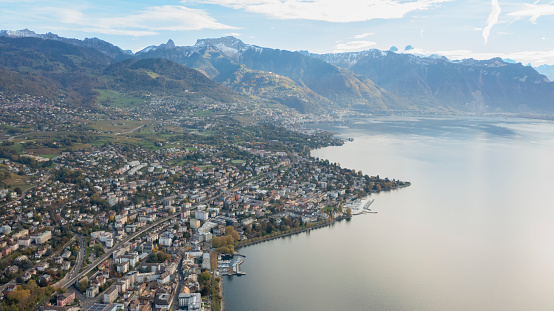 Drone aerial view of vevey famous city of Lavaux  and vevey province beautiful city daytime nature scenery and mountain Switzerland with Sunday market event