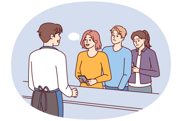 Leisurely woman talking to cashier ignoring queue of customers in cafe or grocery store Leisurely woman talking to cashier ignoring queue of customers in cafe or grocery store forced to waste time. Man waiter cashier serving customers nervous due to long waiting in line angry hotel guest stock illustrations