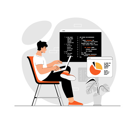 Backend development coding and programming. IT specialist sit and write code on a laptop for website, develop programs, software and applications. Illustration with people scene in flat design for web