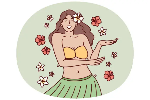 Vector illustration of Girl in exotic outfit dances hula relaxing at Hawaiian resort or theme party in nightclub
