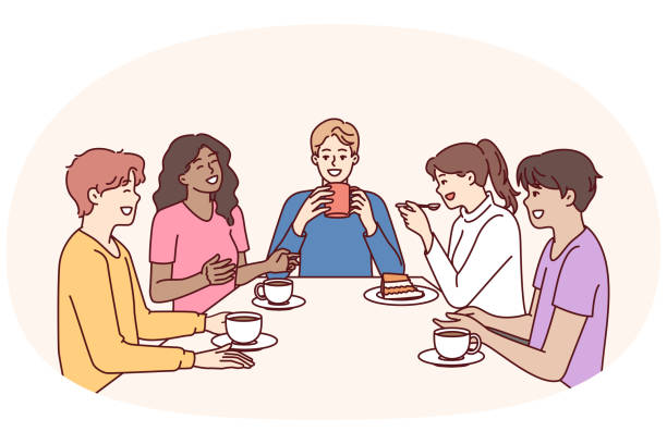 illustrations, cliparts, dessins animés et icônes de group of multiethnic colleagues drink coffee sitting at table during break and laugh - women coffee tea party drinking