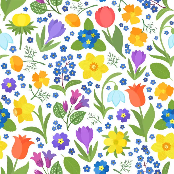 Vector illustration of Spring flowers bloom vector seamless pattern.