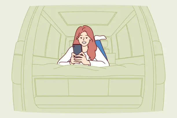 Vector illustration of Woman tourist lies in campervan and uses phone smiling, enjoying opportunity to travel