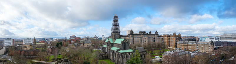 Glasgow Scotland: 12th Feb 2024: Glasgow city skyline panorama with cathedral during renovation