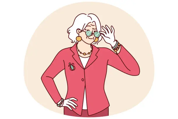 Vector illustration of Elderly woman in elegant suit for going to work or dinner party adjusts glasses in front of eyes