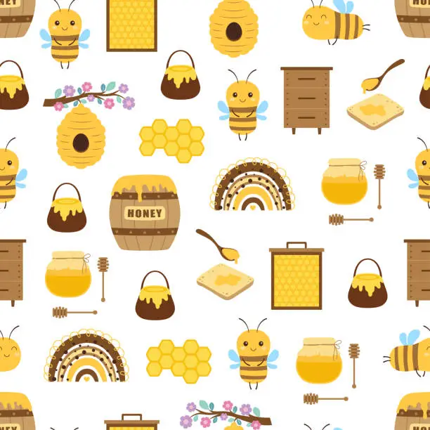 Vector illustration of seamless pattern with bees and honey