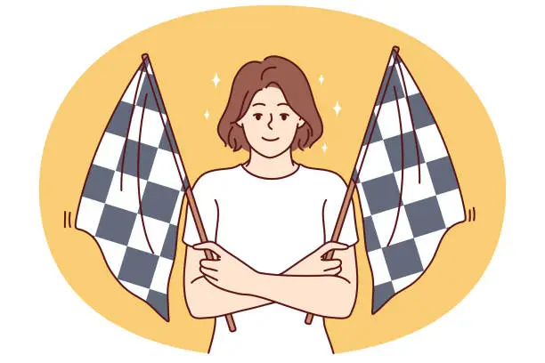 Vector illustration of Woman holding two checkered flags to signal for start of car racing competition among drivers