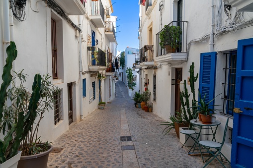 Ibiza, Spain - 1 February, 2024: picturesque city street in the Dalt Vila historic old town of Eivissa on Ibiza