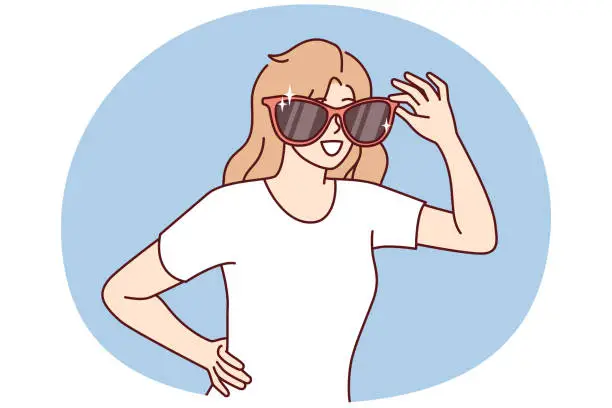 Vector illustration of Happy woman with giant sunglasses on face smiles and looks around looking for acquaintances