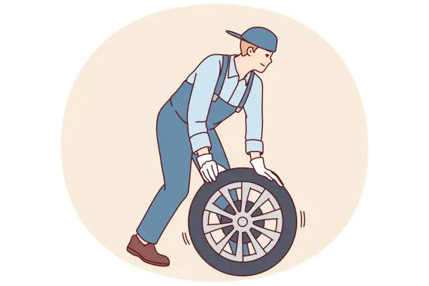 Vector illustration of Man automobile repairman changes car wheel to new one to perform scheduled inspection