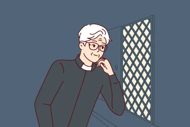 Vector illustration of Man catholic priest listens to confession, located in church in room with mesh wall