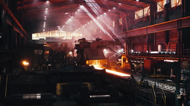 Red hot metal in a modern factory. Metal production process in a metallurgical factory. Modern metallurgical factory stock video