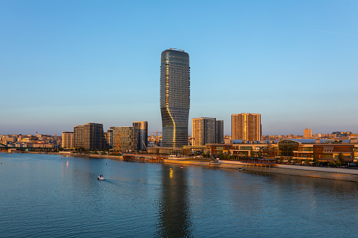 Belgrade, Serbia - October 5, 2023: Belgrade Waterfront Sunset - a new luxury neighborhood on the banks of the Sava River