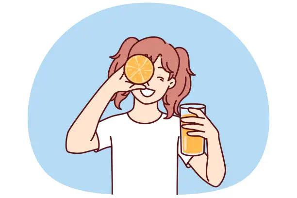 Vector illustration of Little girl with glass of orange juice in hands smiling holding half of citrus fruit near face