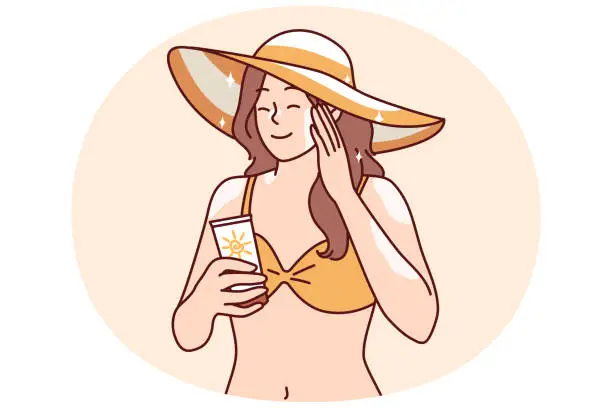 Vector illustration of Woman who wants to sunbathe applies sunblock cream to skin to protect herself from sunstroke