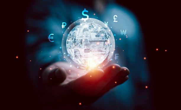 istock Businessman holding virtual world with banknote and currency sign include USD dollar Pound sterling Euro Yuan  Yen and Ruble for forex money exchange and transfer concept. 2027751350