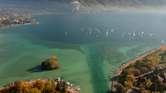 Sailing ship port next to Arbin City at the Lake Bodensee. The Elevated-View image was captured during autumn season,