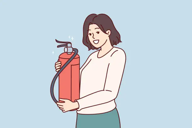 Vector illustration of Woman with fire extinguisher, recommending checking expiration date of fire-fighting equipment