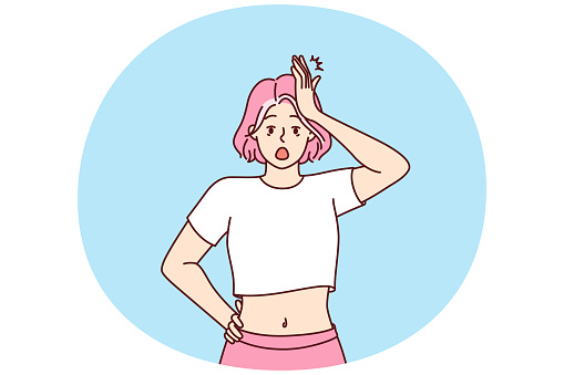 Forgetful shocked girl clutching head, opens mouth wide remembering about things not done or keys forgotten at home. Shocked woman with pink hair is stressed by piled problems and troubles