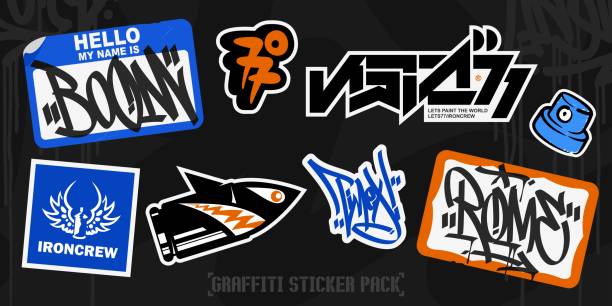 ilustraciones, imágenes clip art, dibujos animados e iconos de stock de bombardeo de pegatinas del estilo del graffiti urbano abstracto de moda con algunas letras del arte callejero - pegatina