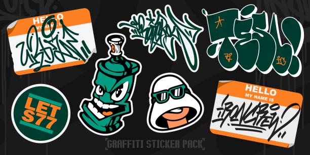 Green Abstract Colorful Urban Graffiti Style Sticker Bombing With Some Street Art Lettering Green and Orange Abstract Colorful Urban Graffiti Style Sticker Bombing With Some Street Art Lettering Vector Illustration Art Set street art stock illustrations