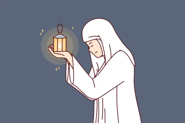Vector illustration of Muslim woman prays in holy month of ramadan and holds lantern for islamic ritual in hands
