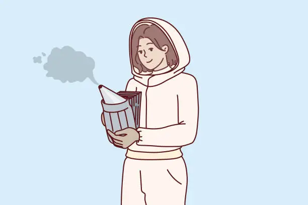 Vector illustration of Woman beekeeper in protective suit uses smoke dispenser to scare away bees and collect honey