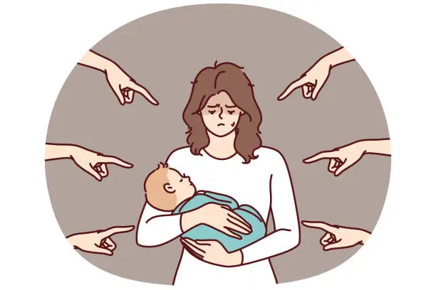 Vector illustration of Young mother with baby in arms is ashamed because condemnation surrounding people pointing fingers