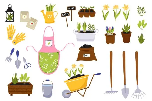 Vector illustration of Spring gardening. Big set of elements - gardening tools, planting, flowers, accessories. Vector collection in cartoon style.