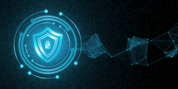 istock Creative round safety hologram with polygonal mesh on blurry wide black background. Secure antivirus, digital protection app concept. 3D Rendering. 2027780695