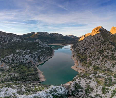 An aerial view of the picturesque Gorg Blau mountain lake and reservoir in the Serra de Tramuntana mountains of northern Mallorca