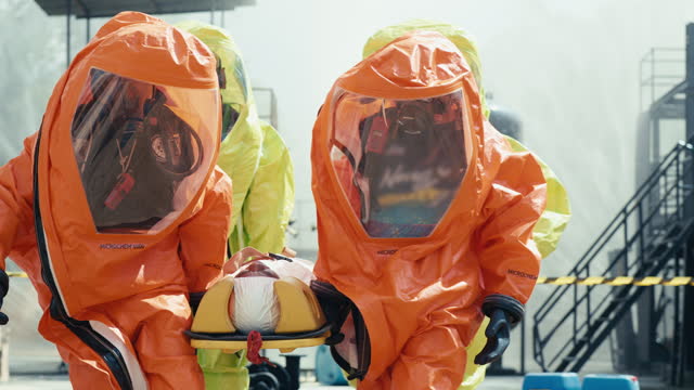 Team of worker, clad in protective gear including a gas mask and hazmat suit, rushes a patient on a field bed away from the hazardous area surrounding a chemical spill from a factory. Teamwork involved in the evacuation are palpable.