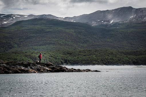 Person standing on the edge of the earth, admiring the huge Beagle Channel in front of her. Woman standing at the end of the world in Ushuaia, Argentina. Tourist admiring the enormous Beagle Channel in Argentina