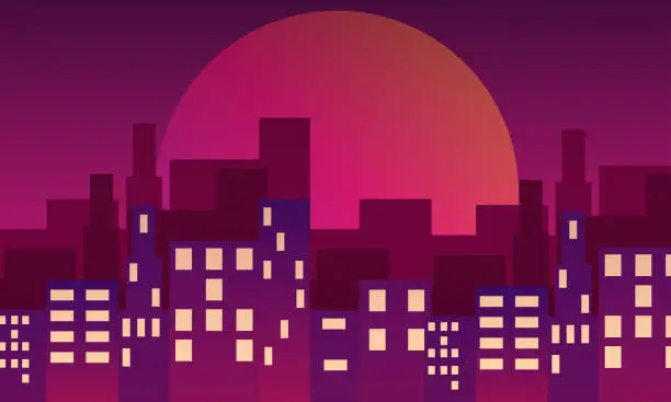 Vector illustration of Retro futuristic synthwave retrowave styled night cityscape with sunset on background. Cover or banner template for retro wave music.