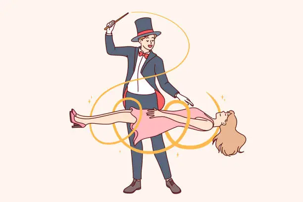 Vector illustration of Man magician demonstrates magic trick by making woman assistant levitate during circus performance