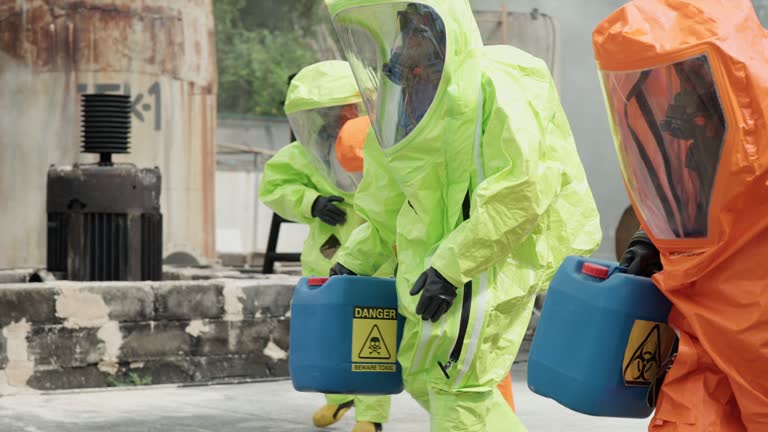 Team Safely Removing Hazardous Chemicals to Prevent Explosion. Team of dedicated workers in hazmat suits as they collaboratively and meticulously remove gallons of chemicals from the scene of a chemical manufacturing plant.