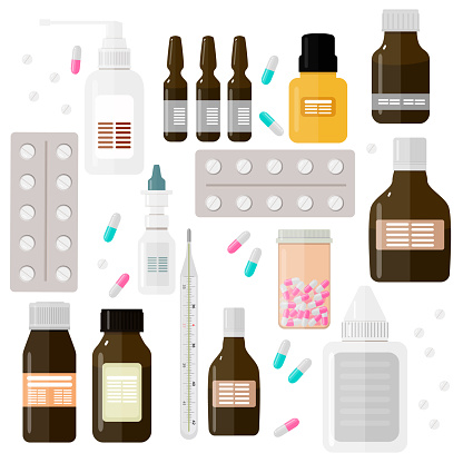 Set of vector pills and capsules. Icons of medicament. Tablets in blisters: painkillers, antibiotics, vitamins and aspirin. Pharmacy and drug symbols. Medical illustration on white background