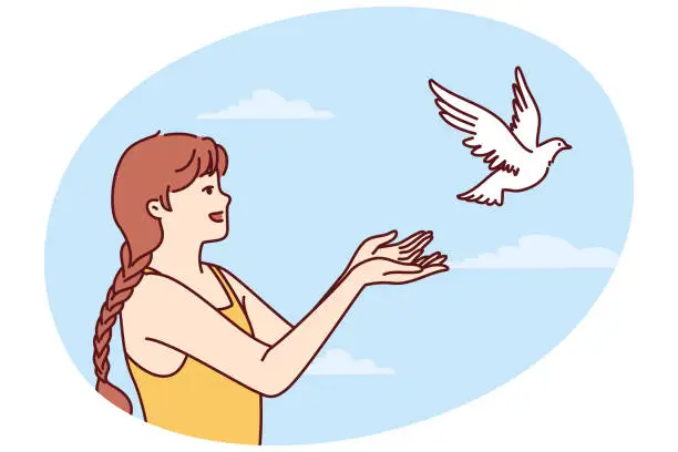 Vector illustration of Little girl volunteers teenager sets dove free and lets bird fly towards sky for family reunion