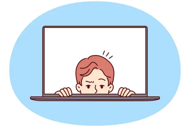 Vector illustration of Man with frightened face looks out of laptop screen for concept of non-professional work on Internet