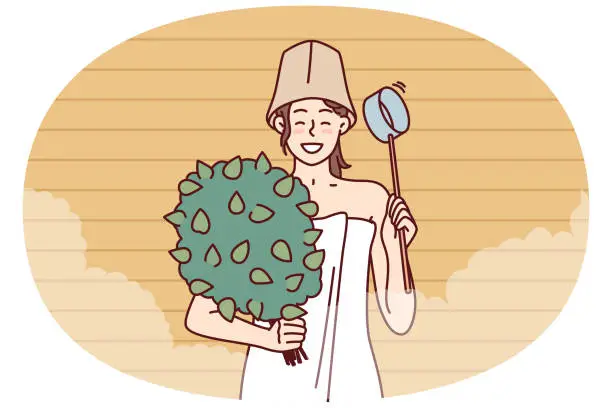 Vector illustration of Girl stands in sauna with besom and ladle to adjust amount of steam during SPA procedures