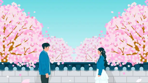 Vector illustration of Romantic Spring background vector illustration. Loving couple dating under Cherry blossoms trees