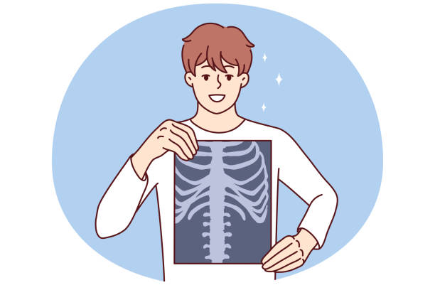 ilustrações de stock, clip art, desenhos animados e ícones de man applies x-ray film to chest to prove absence of cancerous tumor or spinal injury - doctor vector radiologist happiness